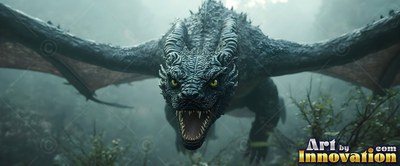 Flying head-on through a misty forest, a dark dragon snarls with an open mouth with open wings