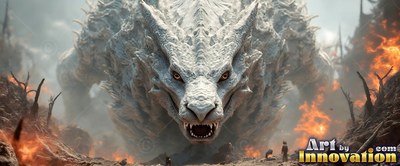 A white stone dragon crawls forward through smoke and burning ruins