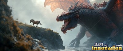 On a foggy cliff, a small horse faces a black dragon with open jaws