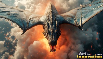 Flying down through fiery clouds, a gray dragon roars with open jaws
