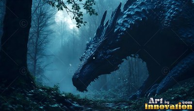 Dark dragon crouching in a misty blue forest at night
