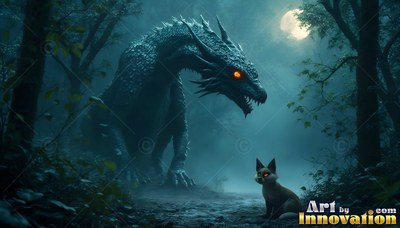 Orange-eyed scaled dragon leans toward a small seated fox in a dark moonlit forest path