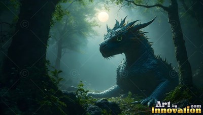 A dark blue dragon with two horns rests on the forest floor under a pale round moon
