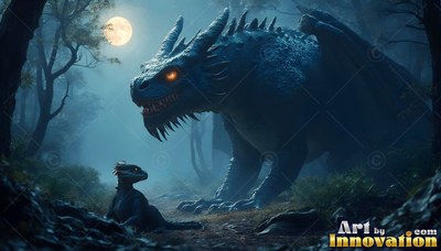 Crouched in a moonlit forest, a large dragon with horns looks at a small dragon hatchling