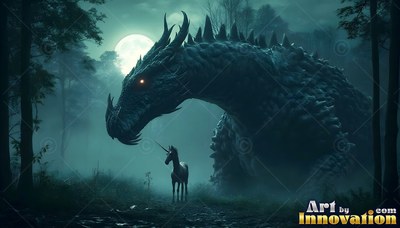 A giant dark dragon lowers its head toward a small unicorn under moonlight in a foggy forest