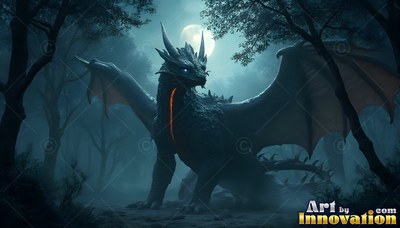 In a dark foggy forest under a round moon, a black horned dragon spreads its wings