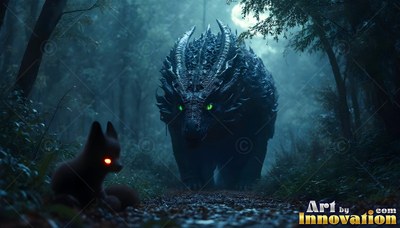 Walking down a foggy forest path, a green-eyed horned dragon faces a small fox