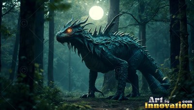 A spiky green dragon walking in a forest at night under a full moon