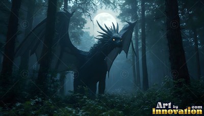 Sharp horns crown a dark dragon standing in a misty forest under a bright moon