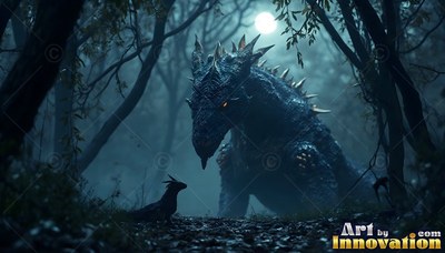 A spiky dragon looks down at a tiny dragon on a forest path under blue moonlight