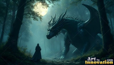 Crouched low in a misty forest, a dark dragon faces a cloaked figure under the moon