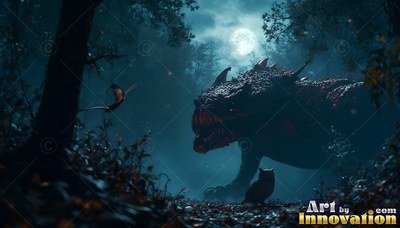 A dark scaly dragon crawls through the night woods behind a small owl under the bright round moon