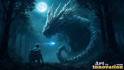 In a moonlit forest, a kneeling traveler faces a horned dragon under full moonlight