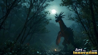 Walking along a misty path, a dragon pauses under the bright moon
