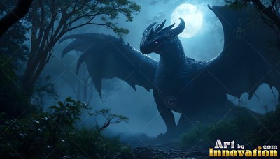 Black winged dragon standing in a deep dark woods under the full moon