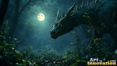 Spines line the neck of a dark green dragon creeping through a forest under the full moon