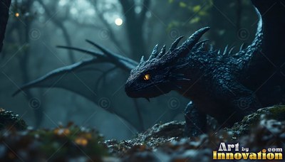 A black dragon crawls through a dark forest under pale, blue moonlight