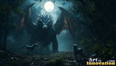 Standing with wide wings in a forest at night, a spiky dragon faces forward under the moon