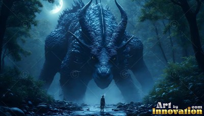 A dark blue-scaled dragon stands facing a small figure in a misty moonlit forest