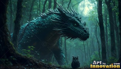 In a dim forest, a horned green dragon looks down at a small owl under the moon