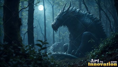 Sitting in a dim forest, a scaly dragon rests under a round white moon