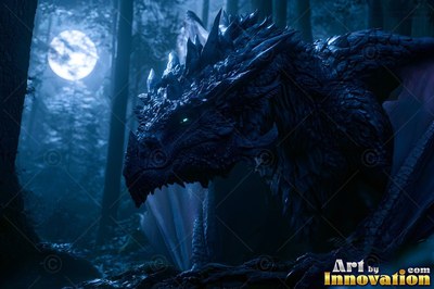 Black horned dragon resting in a forest at night under a round moon