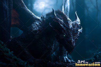 Curved horns and green eyes mark a dark dragon crouching in a foggy moonlit forest