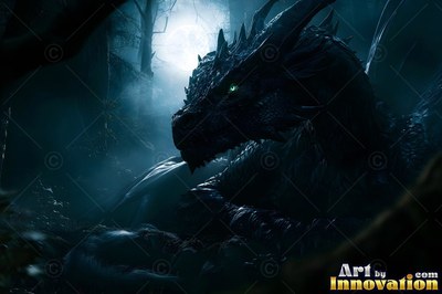 A black dragon rests in a forest at night, with a bright full moon shining behind it