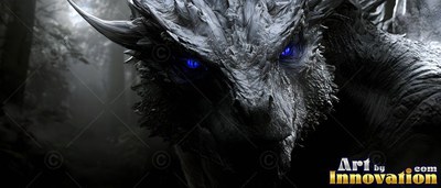 Close-up of a gray dragon with blue eyes staring ahead in a forest at night