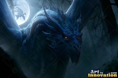 A blue horned dragon spreads its wings in a dark forest under the round moon