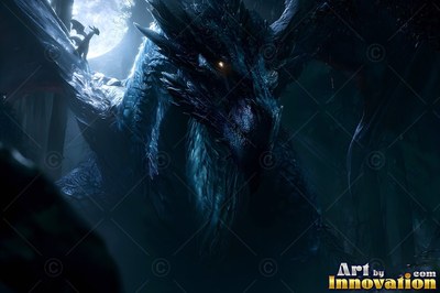 In a dark night forest, a horned black dragon stares forward under the moon