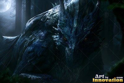 Staring forward in a dim forest, a horned blue dragon rests under the moon
