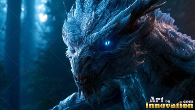 Blue spiky dragon with bright eyes in a dim forest