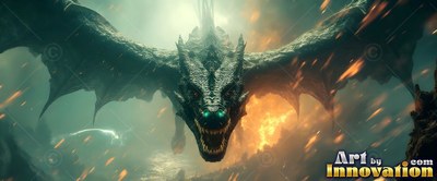 Horned head bared in a roar, a green dragon spreads wide wings through dark smoke and fire