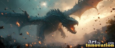 A dark dragon gives a loud roar with wide wings while orange sparks fly in hazy golden light