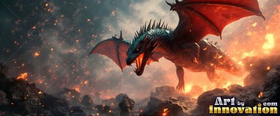 Flying low with open wings, a dragon opens its mouth to roar over dark rocks in smoke and fire sparks