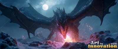 A black dragon breathes bright fire on snowy hills under the bright round moon