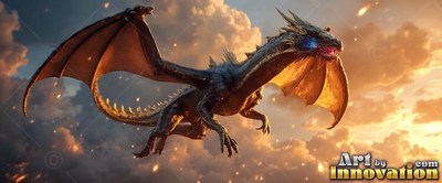 In sunny clouds at dusk, a dark dragon glides through the air with wide golden wings