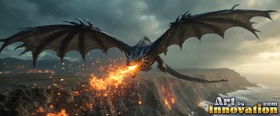 Breathing orange fire, a black dragon moves through the air on open wings over coastal cliffs under dark clouds