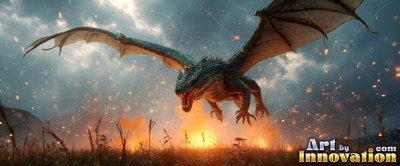 Green dragon flying with open wings over a burning field