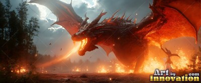 Wide orange wings spread across a smoky forest as a horned black dragon breathes fire