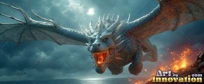 A pale dragon flies forward with an open mouth under dark storm clouds