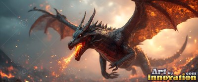 Wings spread wide, a dark dragon breathes fire over smoky ground