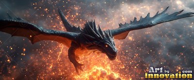 A dark dragon glides through the air straight toward you through orange fire and smoke