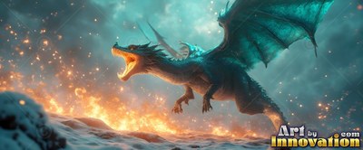 Above a burning snowy ground, a bright blue dragon roars with open wings