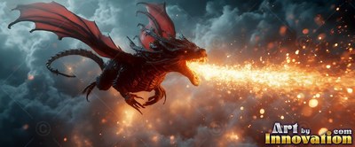 Breathing fire into dark clouds, a winged black dragon swoops with open jaws