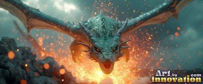 A teal dragon flies forward through bright orange fire sparks