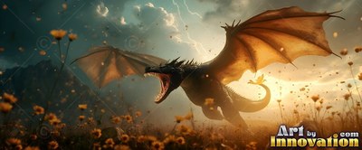 A black dragon opens its mouth as it flies over yellow wildflowers under a stormy sky