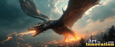 A black dragon swoops through cloudy skies, its body lit by bright orange fire below