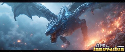 Wings spread wide, a dragon with blue scales swoops over smoking fiery rock